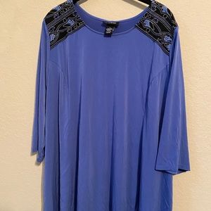 Blue and black princess cut top with 3/4 sleeves from Catherine’s AnyWear line.